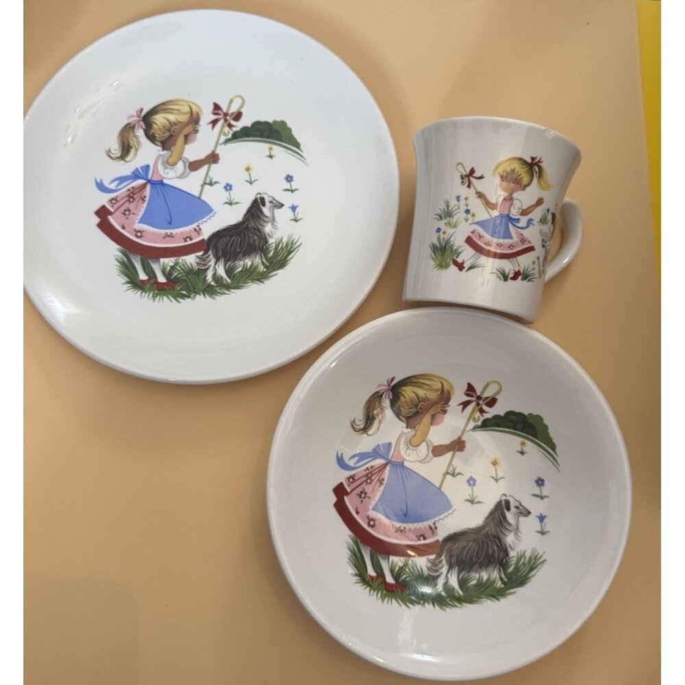 Vintage 60s James Kent Old Foley Cup, Bowl & Plate Set “Girl & Sheep” Bo Peep